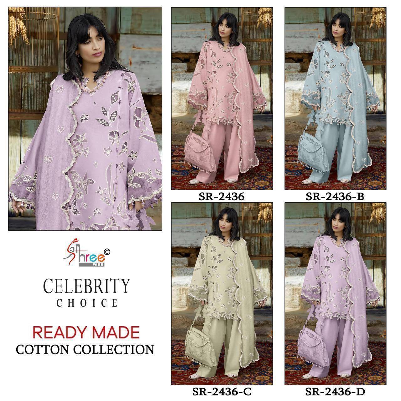 SR 2436 by SHREE FABS 2436 A to 2436 D series Pakistani Suits Colorful casual Wear Viscose satin Readymade Dresses At Wholesale